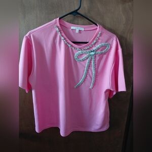 Pastels Pink Short Sleeve Top with Silver Embellishments